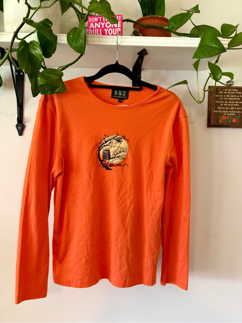 Orange Long-Sleeve Shirt with Embroidered Moon Graphic